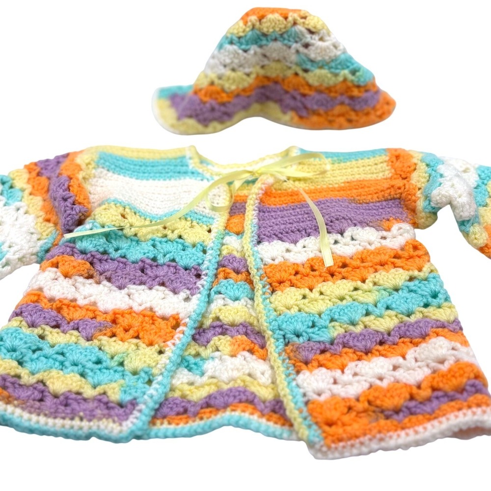 Handmade Crochet Baby Cardigan & Hat Set – Multicolor Striped 3–6 Months